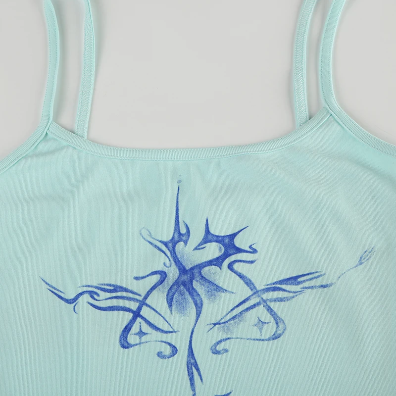 Camisola con estampado abstracto Y2K sin mangas, básica, ajustada, azul claro, top corto, lindas camisetas sin mangas para mujer