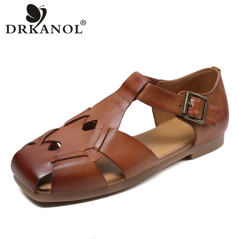 

DRKANOL 2024 Summer Shoes Women Flat Sandals Quality Genuine Leather Retro Woven Low Heel Comfort Casual Roman Sandals Ladies