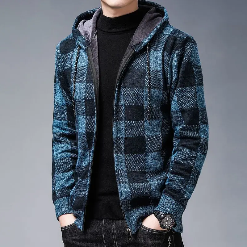 2023 Autumn Winter New Plaid Printing Fashion Hooded Long Sleeve Sweater Cardigan Man Casual Loose Zipper All-match Y2K Coat