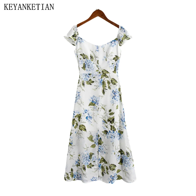 

KEYANKETIAN 2024 New Launch Rural Floral Print Women's Slim Dress Holiday wind Short Sleeve Backless Slit Mid-Length MIDI Dress