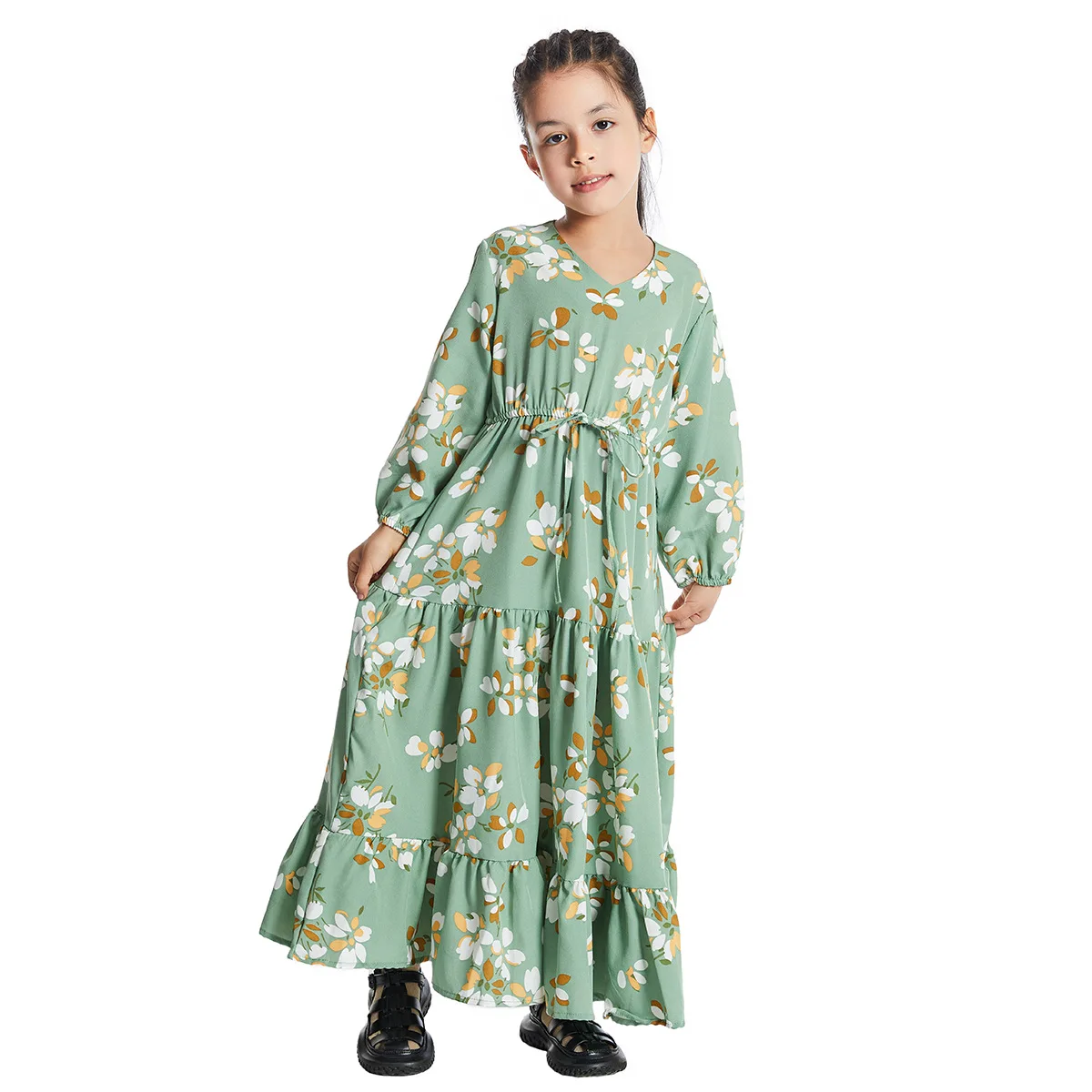 Muslim Robe Gown Floral Dress for Kids Children Abaya Princess Long Dresses Girl Kimono Ramadan Middle East Arab Islamic Clothes
