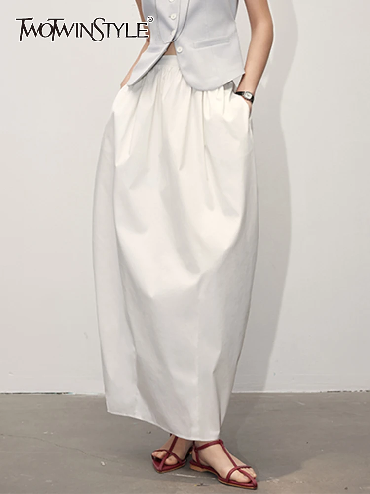 

TWOTWINSTYLE Solid Patchwork Ruched Skirts For Women High Waist Ankle Length A Line Minimalist Summer Skirt Female Clothing 2023