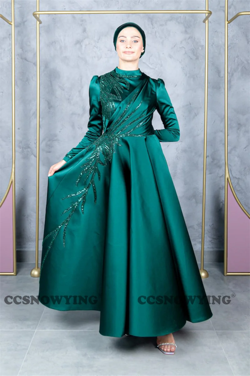 

Satin Appliques Beaded Muslim Evening Dresses Long Sleeve Islamic Formal Party Gowns High Neck Women Arabic Robes De Soirée