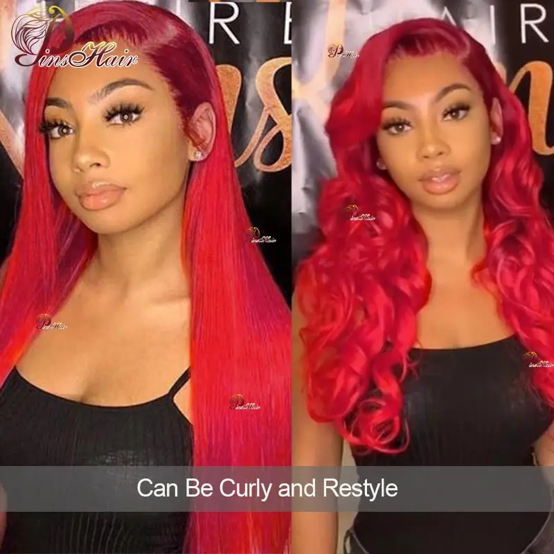 Bright Red Bone Straight Lace Front Human Hair Wigs Pre Plucked Red 99J 13x6 HD Transparent Lace Front Wig for Women Remy Hair human hair wig