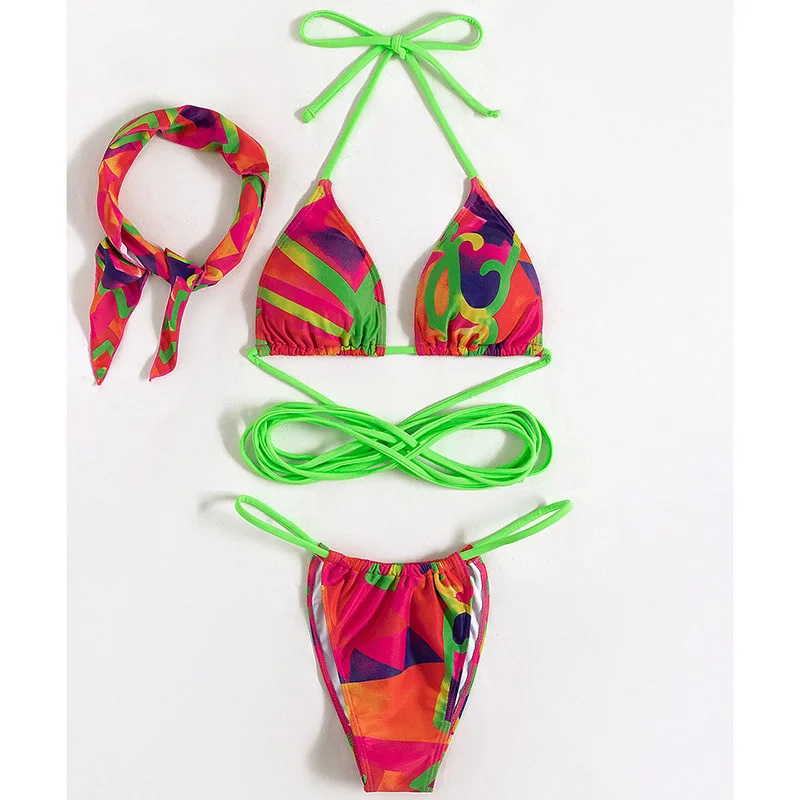 Halter Printed With Hairband Bikini 2024 Female Swimsuit Women Swimwear Three-pieces Bikini set Bather Bathing Suit Swim Lady