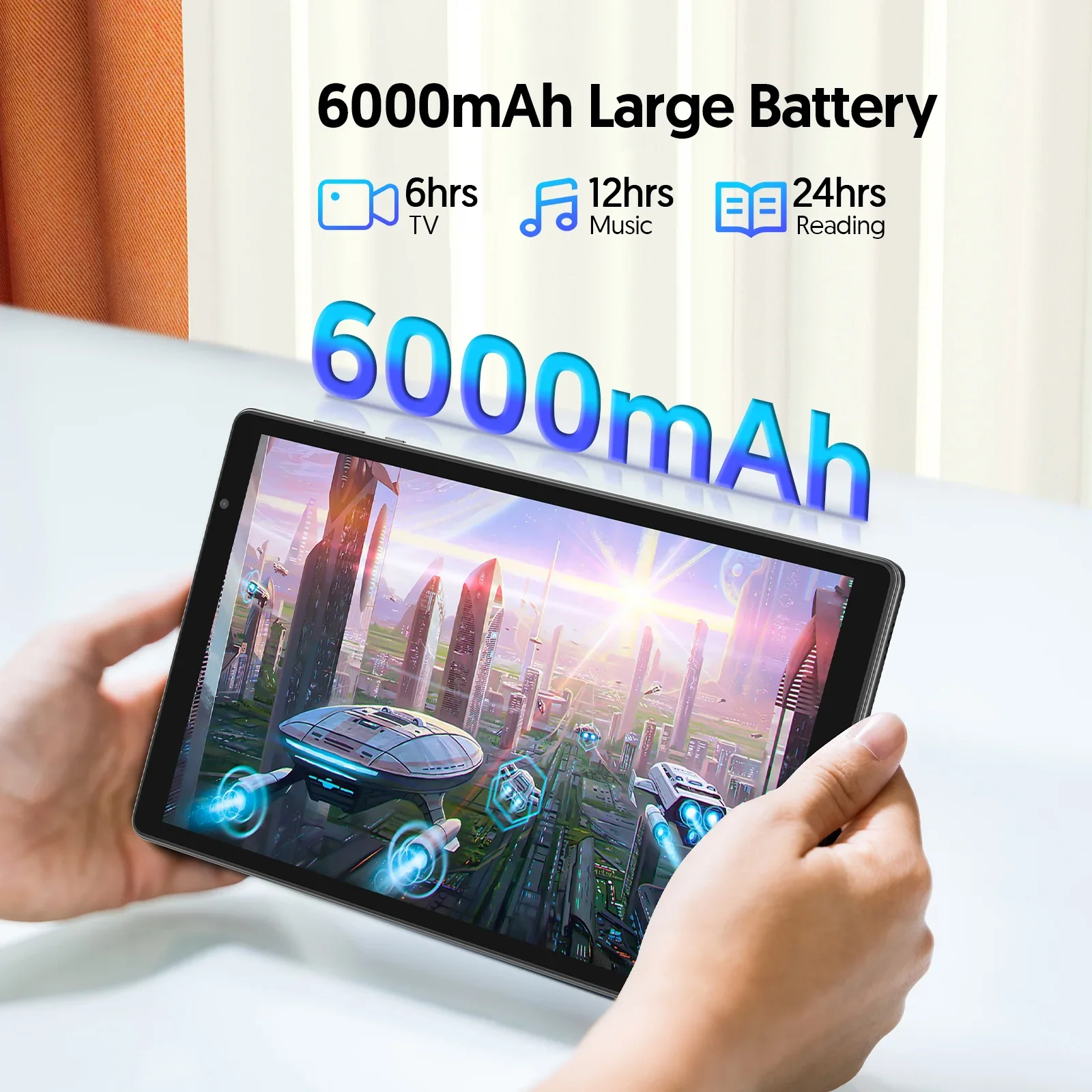 10-inch tablet, Android 14, quad-core processor, 4GB RAM (2GB+2GB expandable), 32GB storage, Wi-Fi, dual cameras, 6000mAh 6
