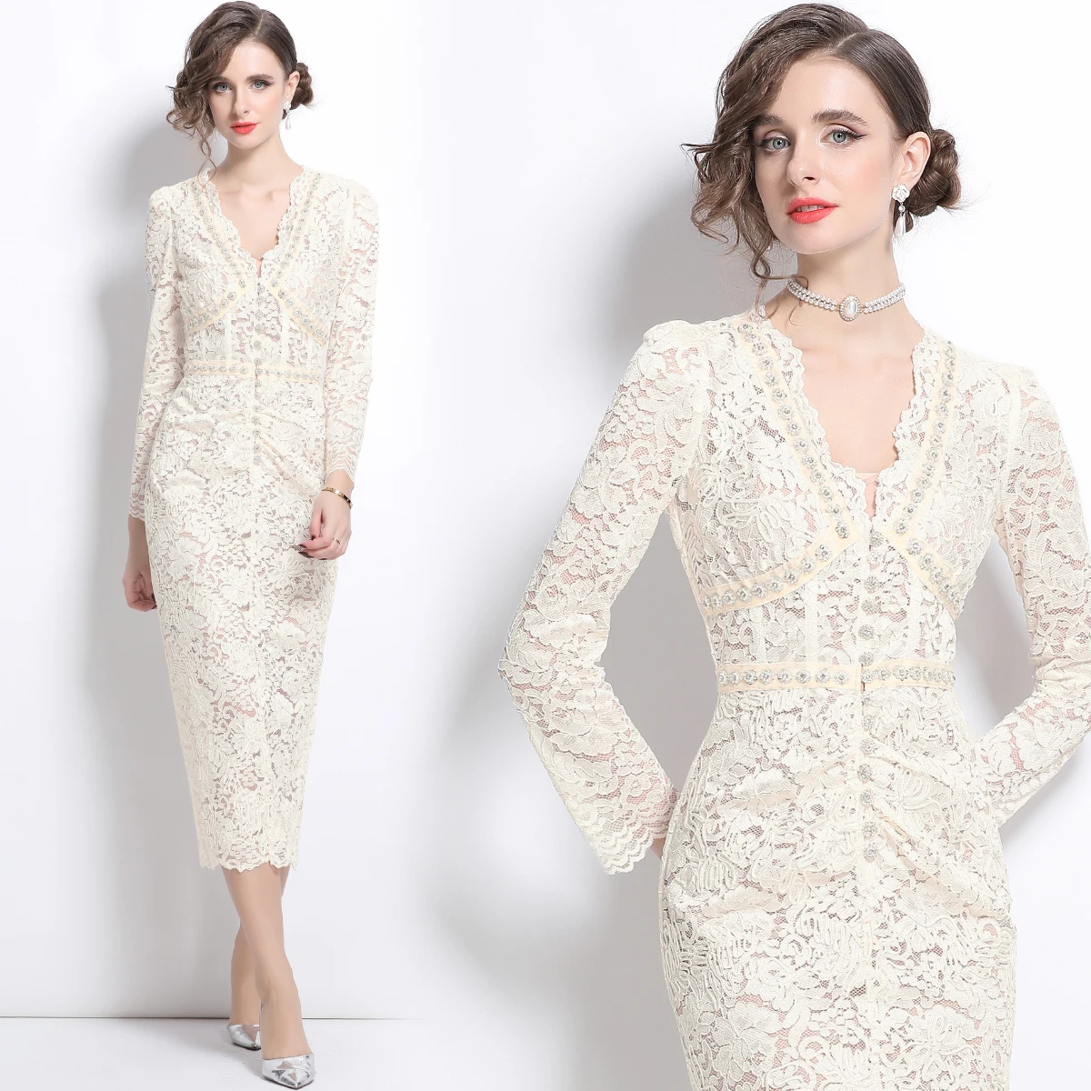 Lillian Fuera Del Hombro Gasa Y Encaje Imperial Vestido Verde Oliva