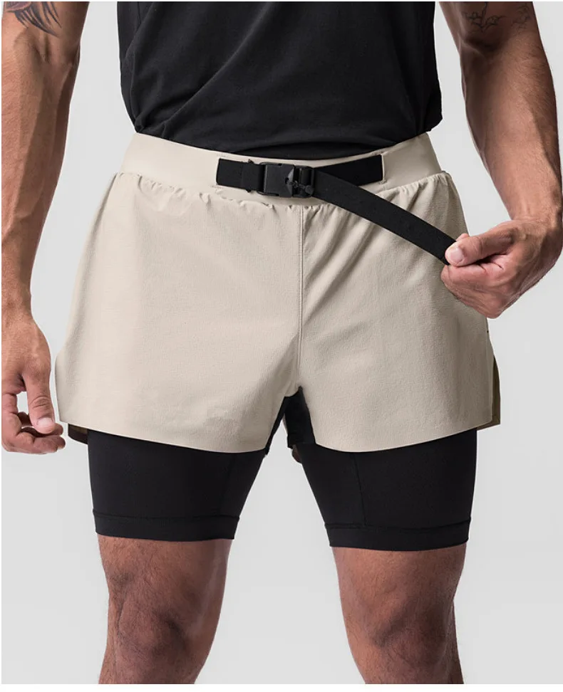 

Newest tide Men 2 in 1 Elastic force Running Training Gym Shorts Fitness Men Joggers Jogging Summer Workout Short Pants