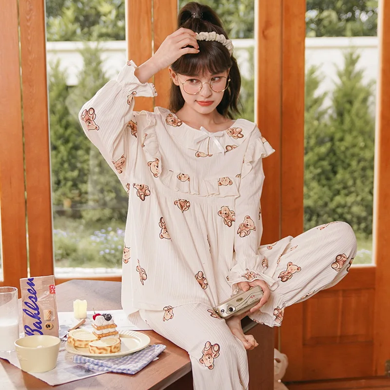 Fashion Pajamas Women's Long-sleeved Spring And Autumn New  Home Service Cotton Suit Comfortable and breathable suit