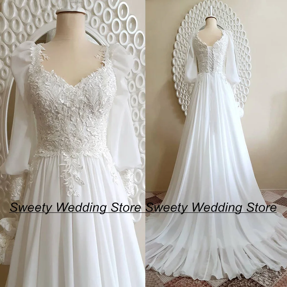 

Modest Puff Sleeves V Neck Wedding Dress Exquisite Beading Applique A Line Sweep Train Chiffon Bridal Gown for Bride 2024
