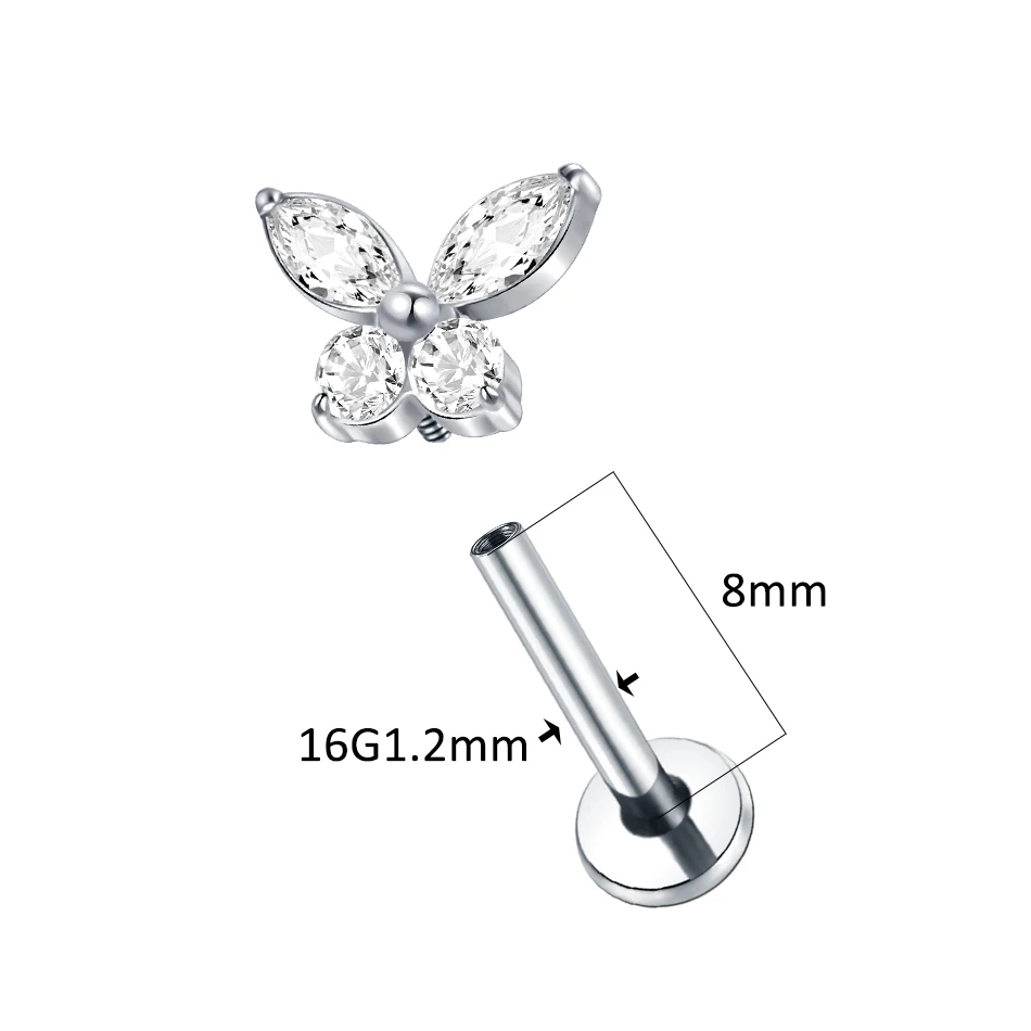 1/5pcs Implant Grade Titanium CZ Butterfly Labret Piercing Flat Back Lip Monroe Tragus Stud Earring Tragus Piercing Body Jewelry 2