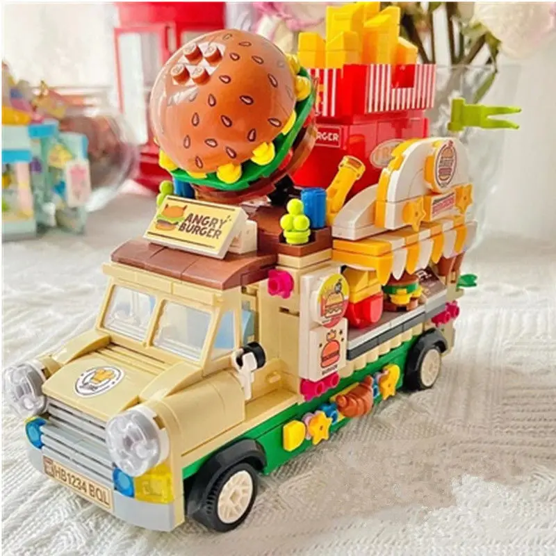 

638Pcs Street View Burger Truck Micro Building Blocks Ice Cream DIY 3d Bricks Toys for Kids Adults Gifts for Girl Cute New