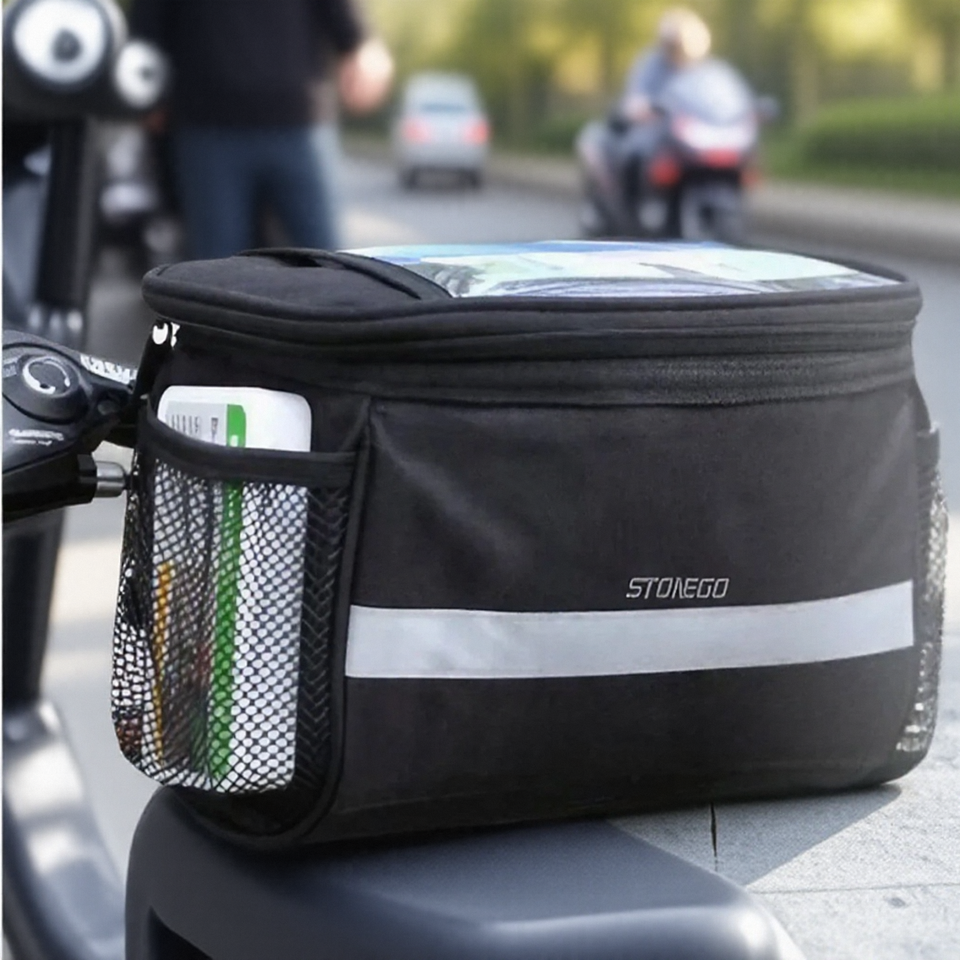 Waterproof Bike Front Handlebar Bag with Reflective Strip and Mesh Pouches for Mountain and Road Biking Safety and Navigation