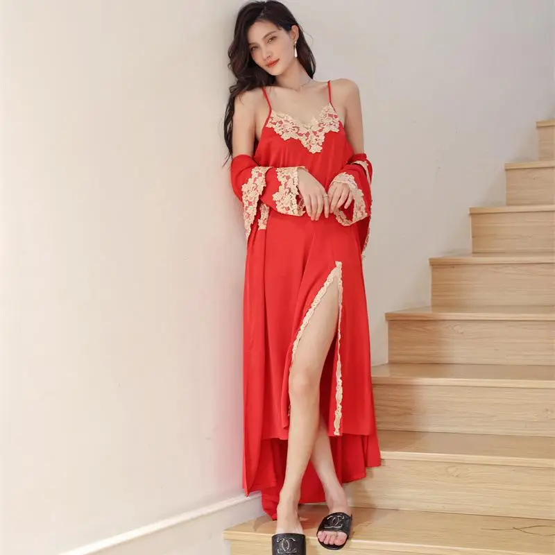

Sexy Kimono Bathrobe Gown Set Women Lace Sleepwear Nightgown Rayon High Split Nightwear Twinset Robe Suit Lady Summer Loungewear