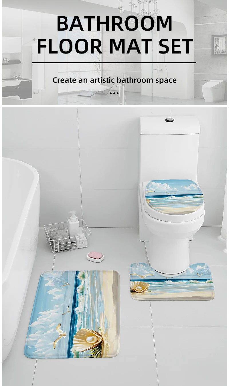 Description Picture 2 of itemWashable 3-Piece Bathroom Rug Set Non-Slip Ocean Theme Toilet Mat Bathtub Foot Pad Door Mat Flannel Decor with Shell Print