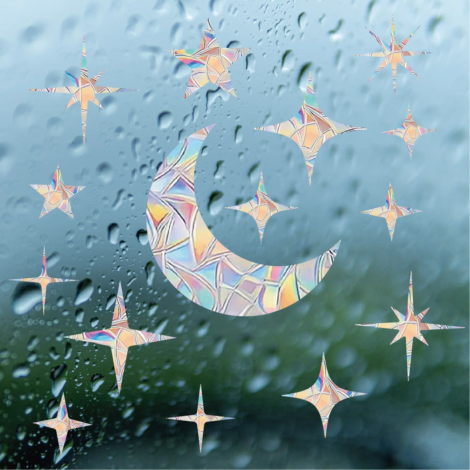2pcs Moon Star Catcher Window Sticker Eid Mubarak Stained Rainbow Prism Glass Wall Sticker Room Home Decoration Suncatcher