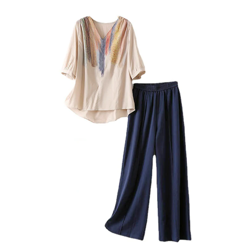 

Chinese Style Women's Casual Cotton And Linen Shirt Two Piece Suit Summer Thin Mother Fashion Linen Wide Leg Pants Set Vintage