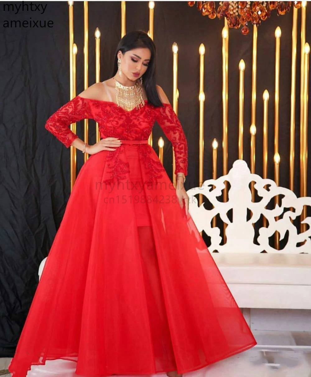 

Long Sexy New Sleeve Red Evening Dresses A-line Robe Soiree Dubai Dress Party Abendkleider Gown Abiye Elbiseler Robe De Soiree