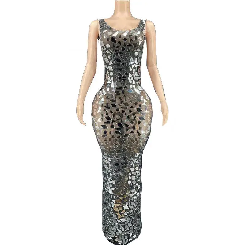 

Rhinestone Sparkly Silver Mirrors Black Mesh Transparent Sleeveless Dress