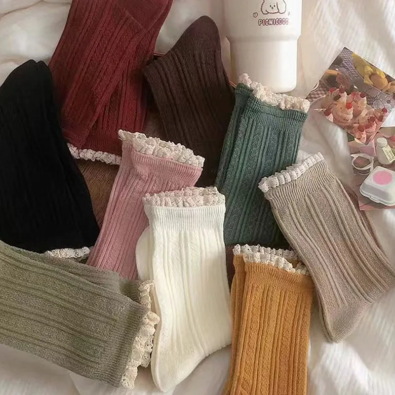 

Solid color lace twist socks socks in combed cotton spring jk Japanese cute autumn and winter girls stockings
