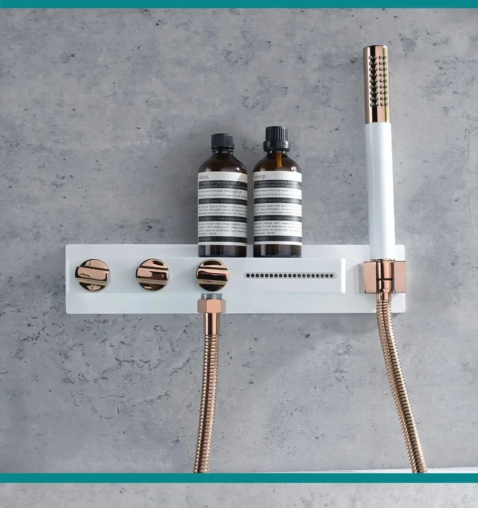 Description Picture 4 of itemBathtub Faucet Set Bathroom Wall Mounted White Rose Gold Solid Brass Big Plate Bathtub Waterfall Shower Set Newly