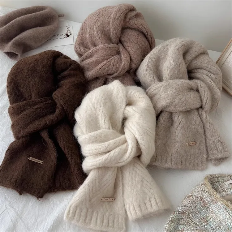 Korean Wool Knit Scarf - Thick Warm Imitation Cashmere Muffler for Women