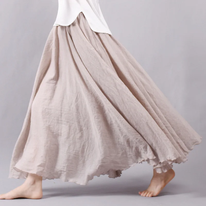 2022 Women Cotton Linen Long Skirts Elastic Waist Vintage Boho Beach Summer Pleated Long Skirts
