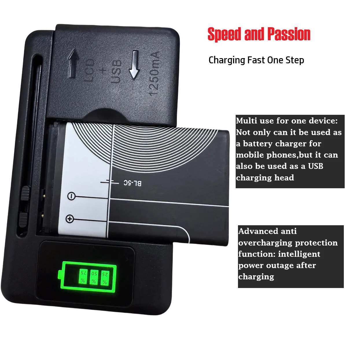 Mobile Battery Charger Universal LCD Indicator Screen USB-Port For Cell Phone Chargers 32-55mm Battery Charging US UK EU Plug