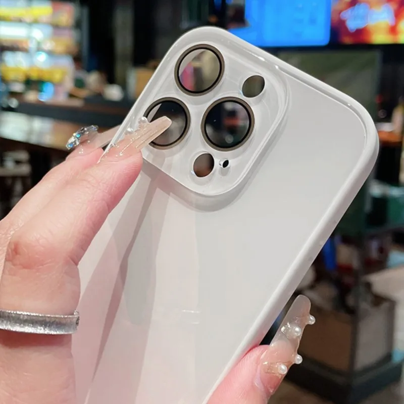 Luxury Tempered Glass Glossy Case with Shockproof Silicon Bumper and Lens Protection