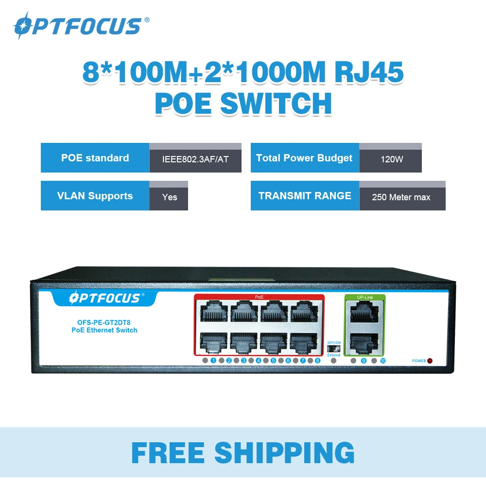 OPTFOCUS TECH GIGABIT SWITCH 8 POE 120 watts LAN 2 1000M Uplink Vlan