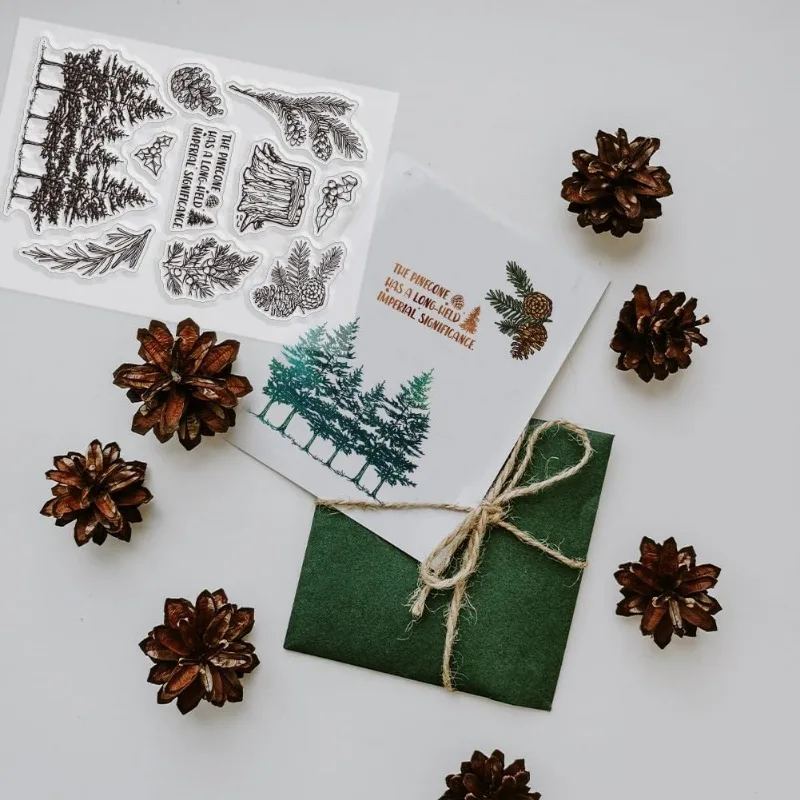 Pine Tree Clear Rubber Stamps Pine Cones Leaves Plant Word Tree Stump Transparent Vintage Postmark Silicone Seals Stamp 1pc, clear stamps,clear rubber stamps