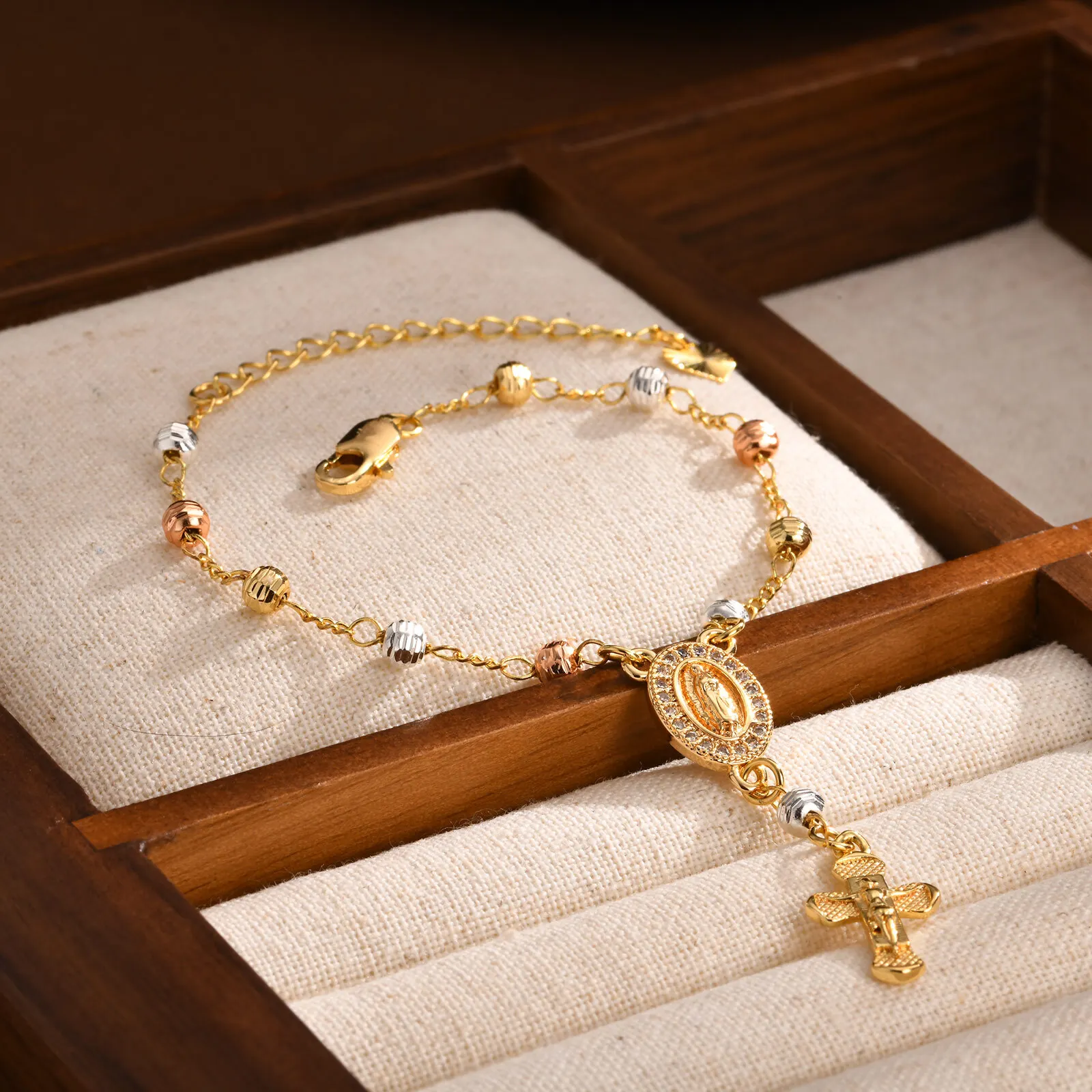 Tir-color Rosary Cross Bead Charm Link Chain Bracelet for
