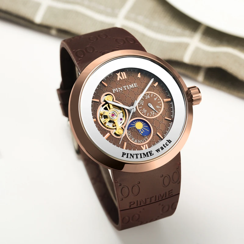PINTIME Automatic Watch Self Winding Mechanical Wristwatch Men SIlicone Strap Fashion Business Clock Relogio Masculine Male Gift
