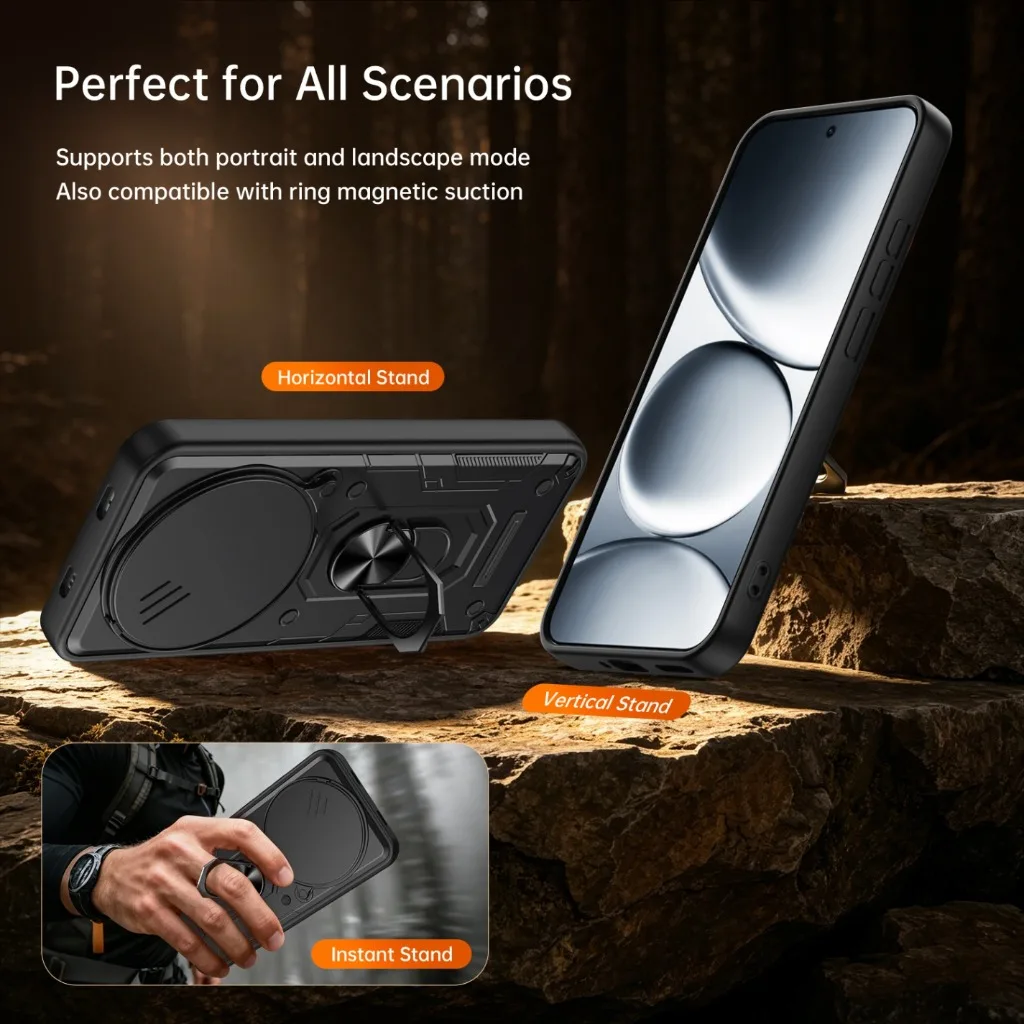 Rugged Shockproof Phone Case with Slide Camera Protection and 360° Rotating Ring Holder Kickstand