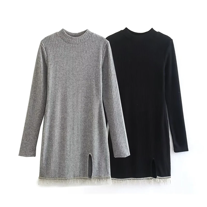 

Autumn Women Fashion Tassel Hem Knit Dresses Long Sleeve O Neck Female Sexy Mini Vestidos