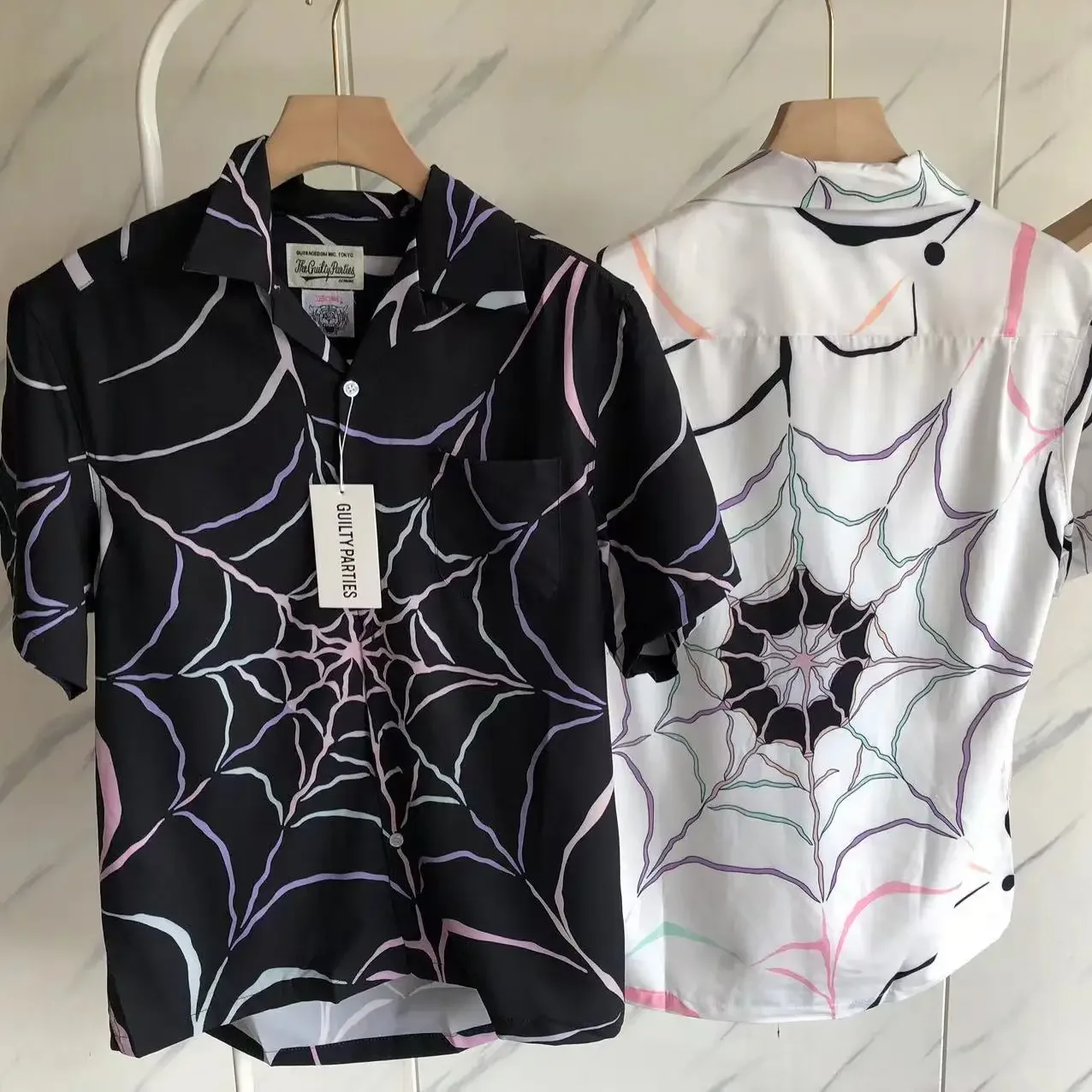 

23SS Hip Hop Spider Web Print Wacko Maria Shirts Men Women Streetwear Hawaiian Beach Lapel Shirt Kanye West