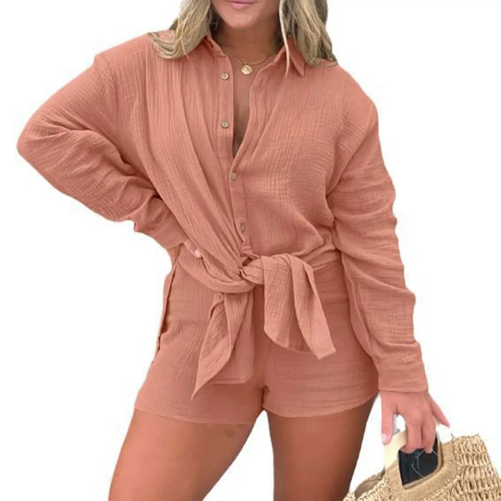 Casual Women Long Sleeve Blouse and Short Suits Sets