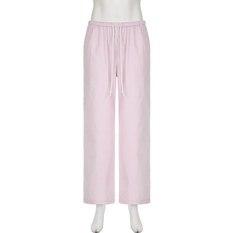 Street Style Pink Simple Basic Woven Pants Low Waist Drawstring Loose Straight Leg Casual Pants