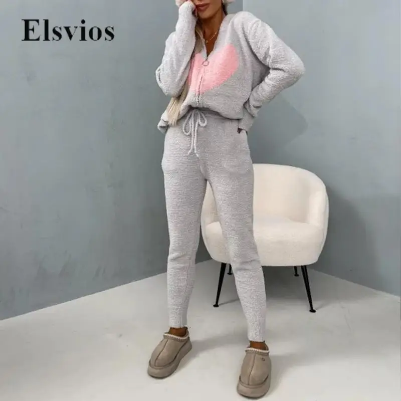 

Cute Heart Winter Soft Fleece Warm Set Autumn Casual Zip-up Hooded Outwear Set Long Sleeve Sweatshirt Coat + Pants Suit Homewear