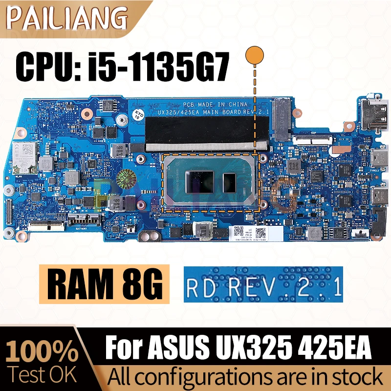 

Материнская плата для ноутбука ASUS UX325 425EA REV2.1 60NB0SL0-MB2300 i5-1135G7 8G RAM, материнская плата для ноутбука, Полная проверка