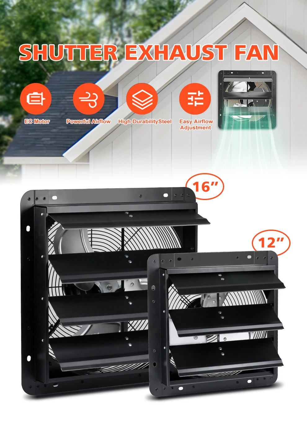 Abluftventilator 16" 12" mit Drehknopf/intelligentem Feuchtigkeitsregler, EC-Motor, Wandmontage, Belüftung und Kühlung für Gewächshäuser – Detail 1