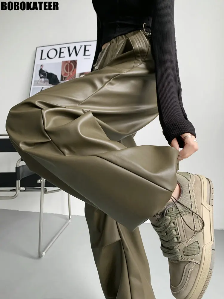

BOBOKATEER Pants For Women Clothes Punk Baggy Wide Leg Pants High Waist PU Leather Trousers Black Korean Streetwear Autumn 2023