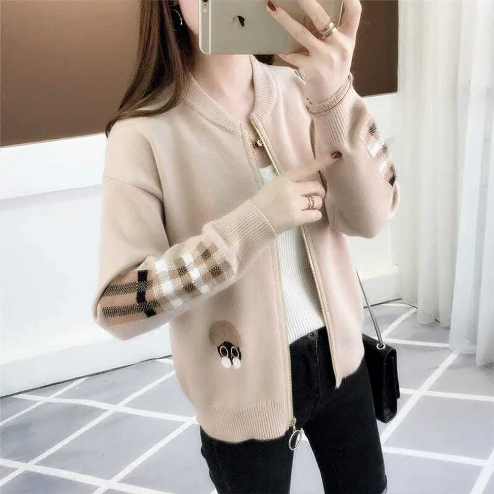 

Women's Khaki Knitted Cardigan with Zipper, Loose Round Neck Cardigan, Striped Embroidered Yellow Cardigan, Plaid Cardigan