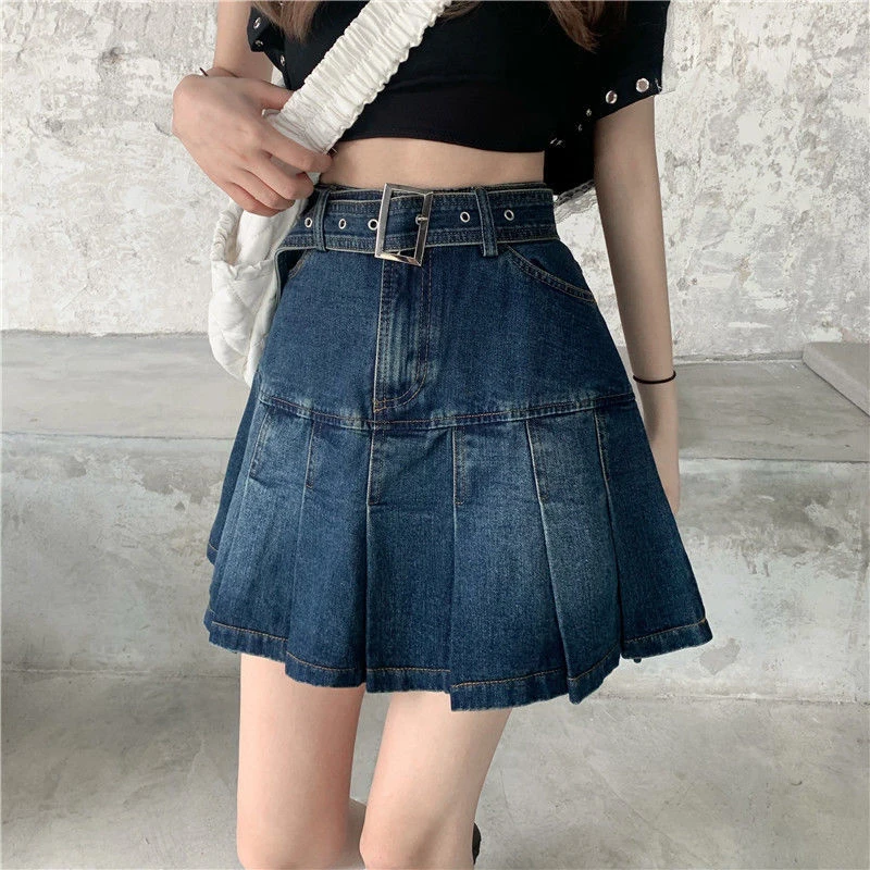 

Gidyq Summer Women Fashion Jeans Skirts American Retro Belt Mini Pleated Skirt Streetwear High Waist Female A Line Denim Skirts