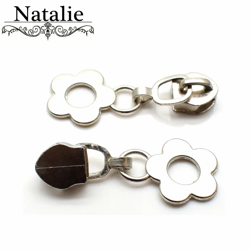 10pcs 5# Nylon Zipper Slider Silver Plating Metal Flower Zipper Pull Repair Kits Coat Wallet Suitcase Accessories Tailor Tool