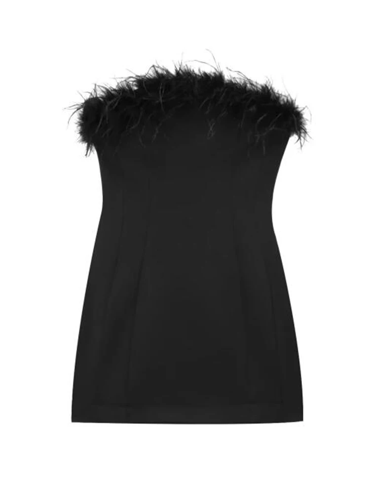 TFMLN Women Sexy Feathers Strapless Mini Dresses Fashion Black Slim Elastic Dress New Summer Elegant Side Zipper Party Dress