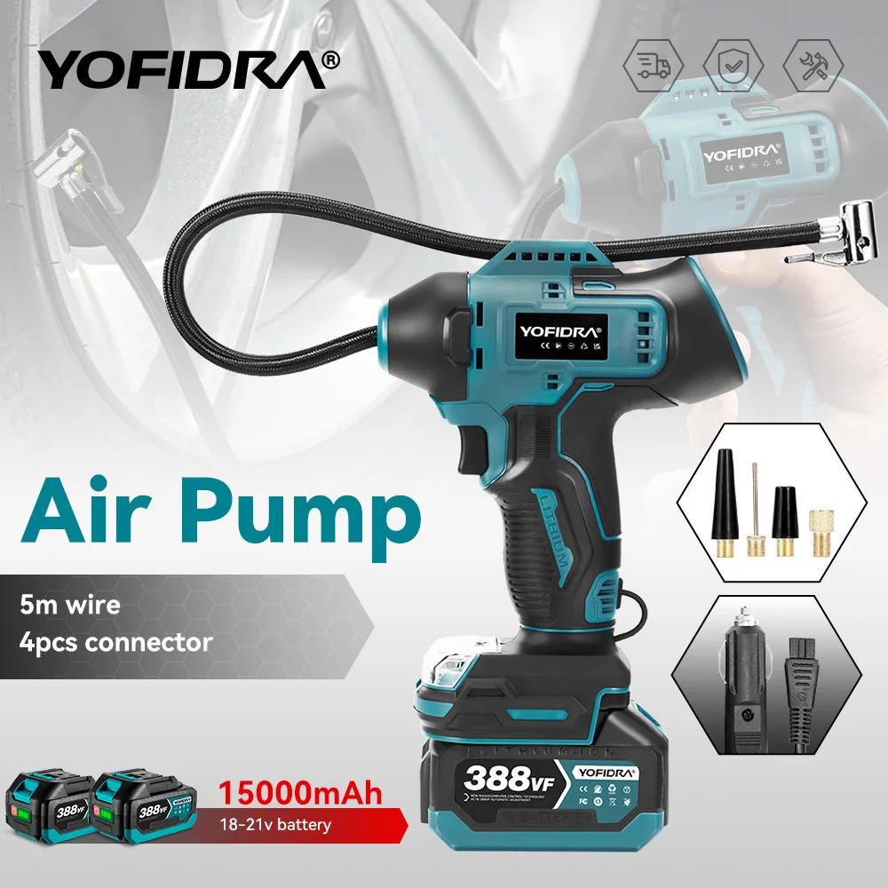 YOFIDRA Electric Air Pump, High Pressure Digital Display Multifunction Tire Inflator Car Air Compressor Tool For Makita 18V Battery Pin