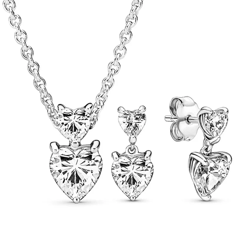 

Original 925 Sterling Silver Double Heart Sparkling Hanging Necklace Earring For Women Europe Fashion Gift Jewelry