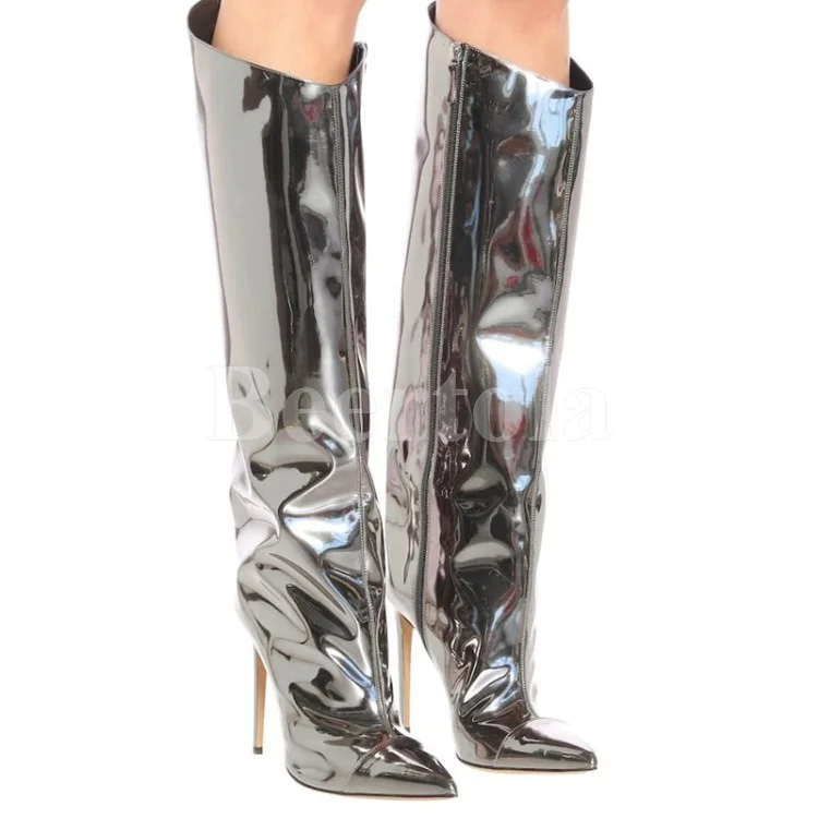 

Sexy Woman Mirror Leather Stiletto Knee High Boots Pointed Toe Side Zip Autumn Winter High Heels Boots Catwalk Show Plus Size 43