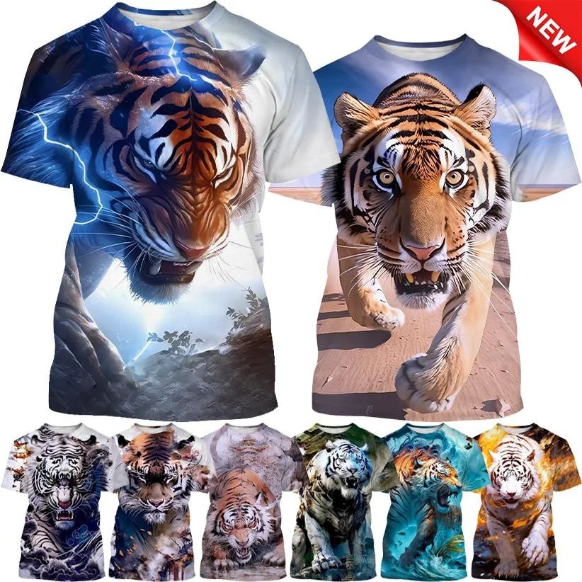 

Summer Fashion Animal White Tiger 3D Printing T-shirt Cool Casual Harajuku Style Street Short Sleeved Men's Round Neck T-shirt